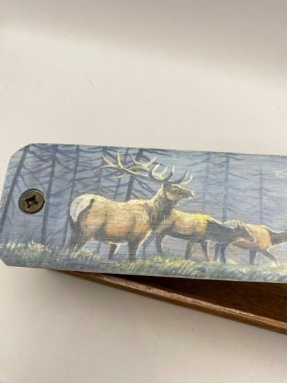 Wooden Amish Crafted Painted Lid Turkey Box Call - Elk Scene - New, Unused!