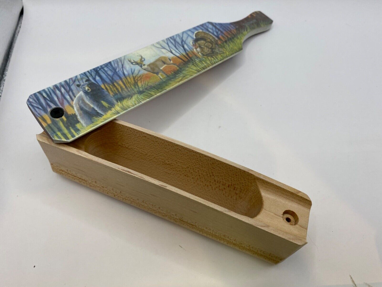 Wooden Amish Crafted Painted Lid Turkey Box Call - Wildlife Scene