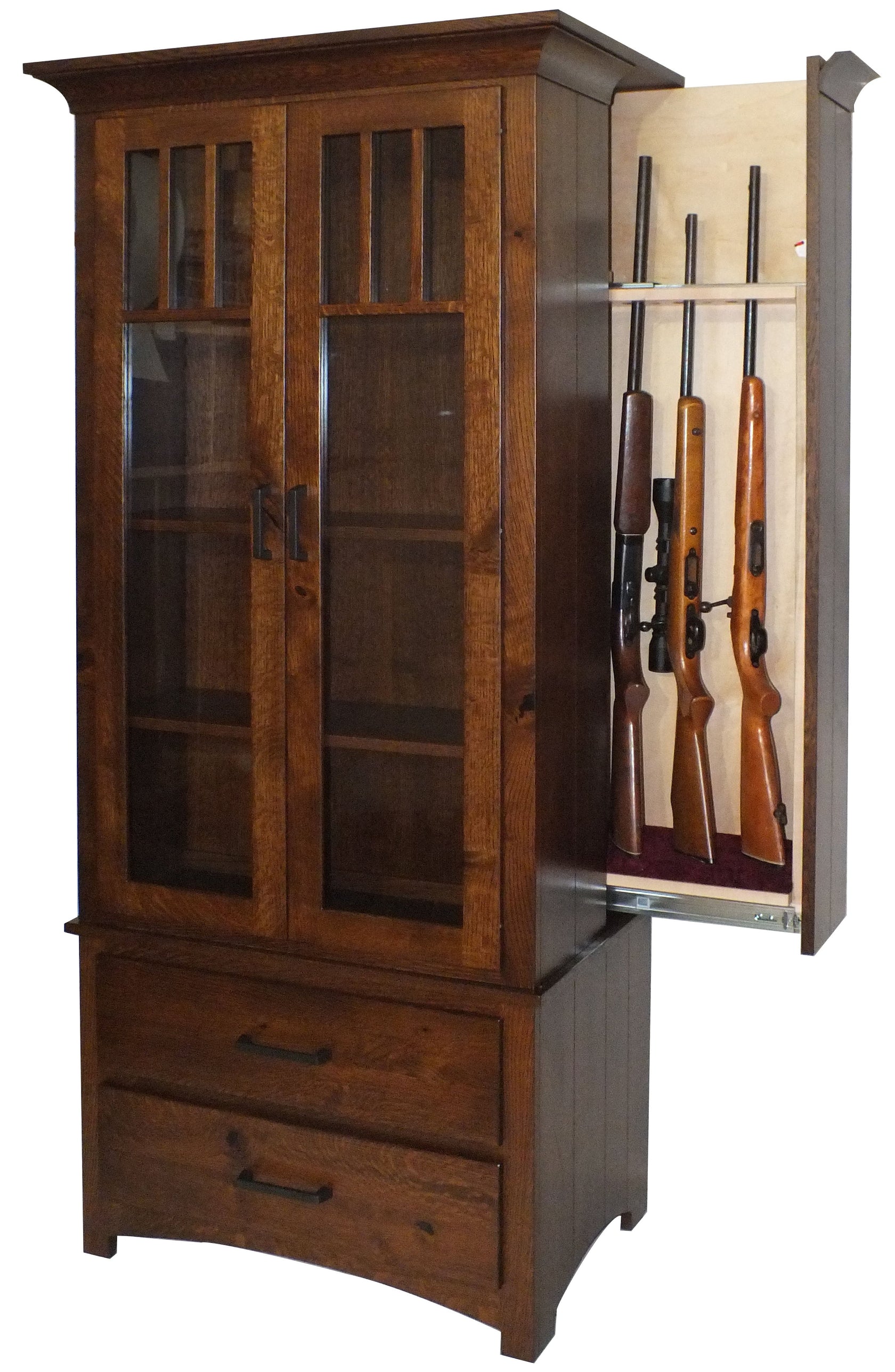 Mission Bookcase With Hidden Gun Cabinet with Glass Doors - Amish ...
