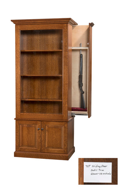 7 Gun Bookcase / Curio with Hidden Gun Cabinet and Slider Glass Door and Dentil Trim