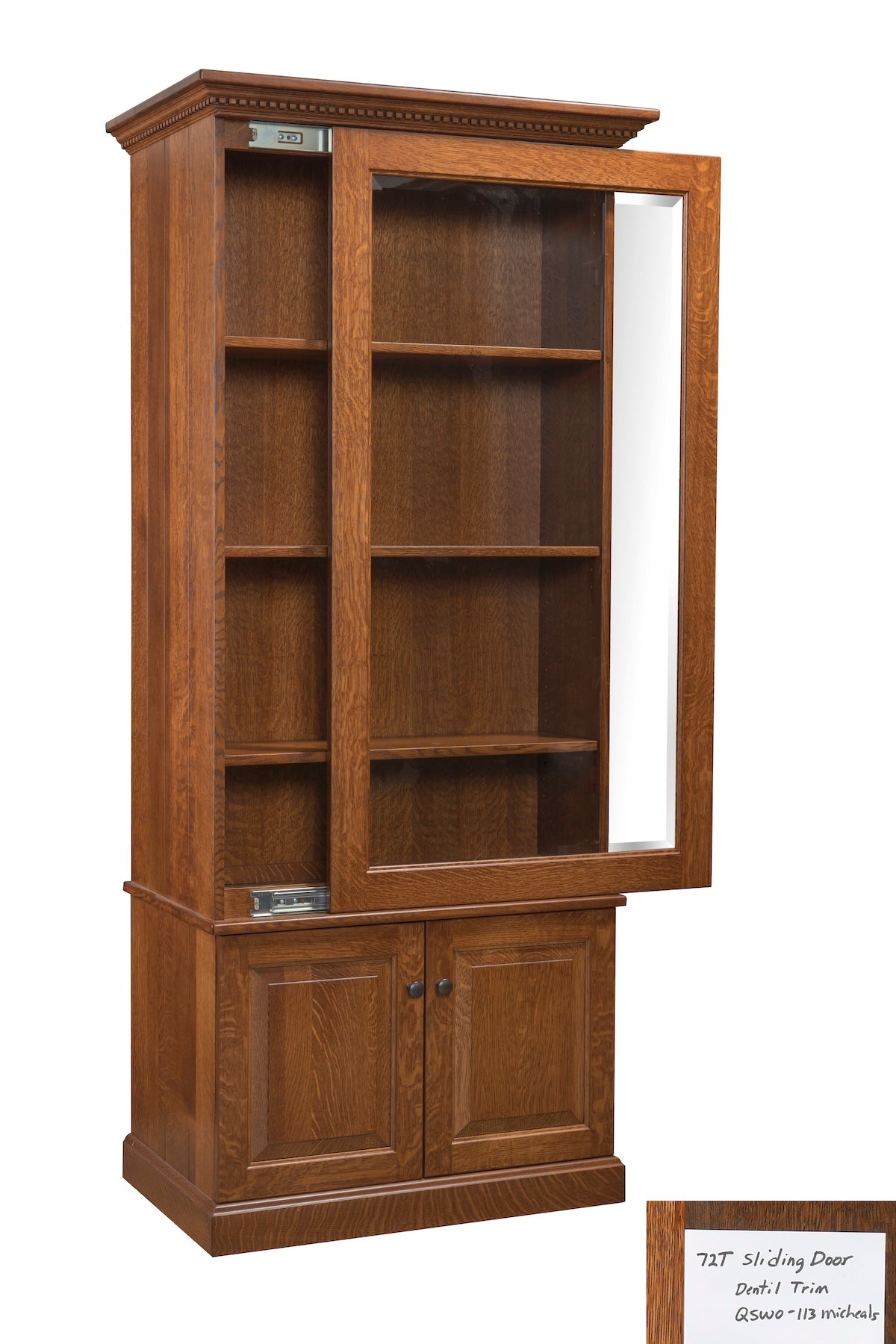 7 Gun Bookcase / Curio with Hidden Gun Cabinet and Slider Glass Door and Dentil Trim