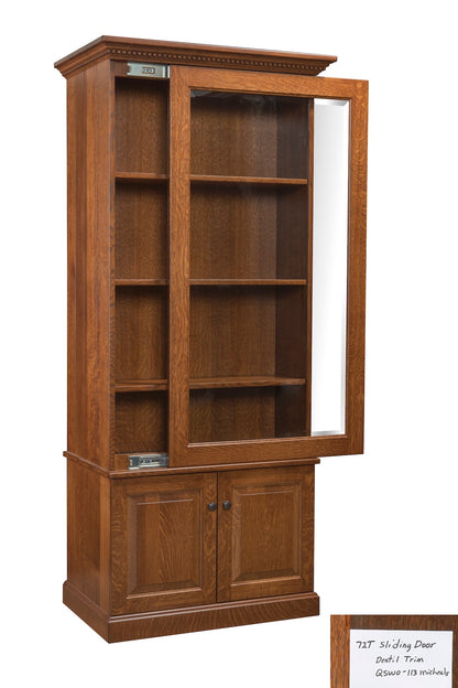 7 Gun Bookcase / Curio with Hidden Gun Cabinet and Slider Glass Door and Dentil Trim