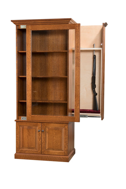 7 Gun Bookcase / Curio with Hidden Gun Cabinet and Slider Glass Door and Dentil Trim