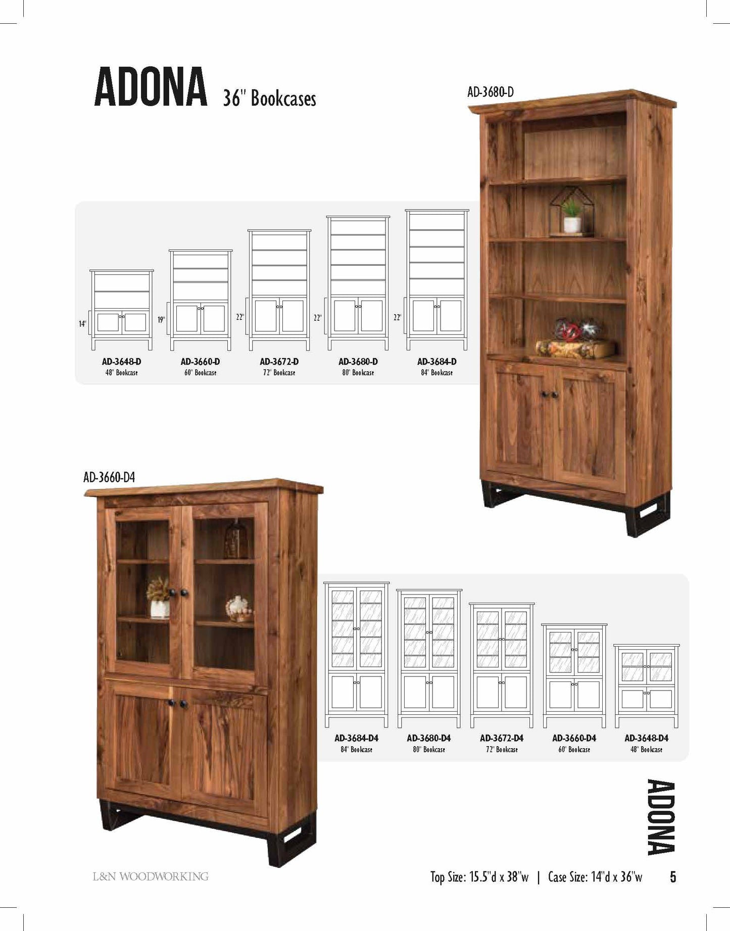 Adona 36" Bookcase With Top and Bottom Doors