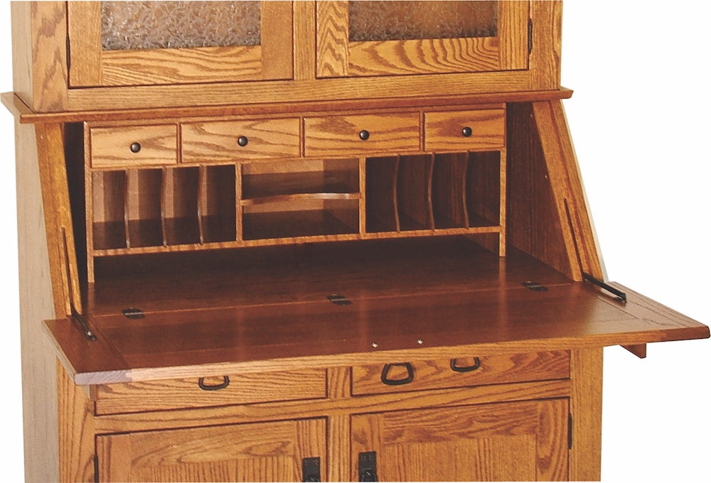 Deluxe Mission Secretary Desk with Hutch Top and Clear Glass Doors