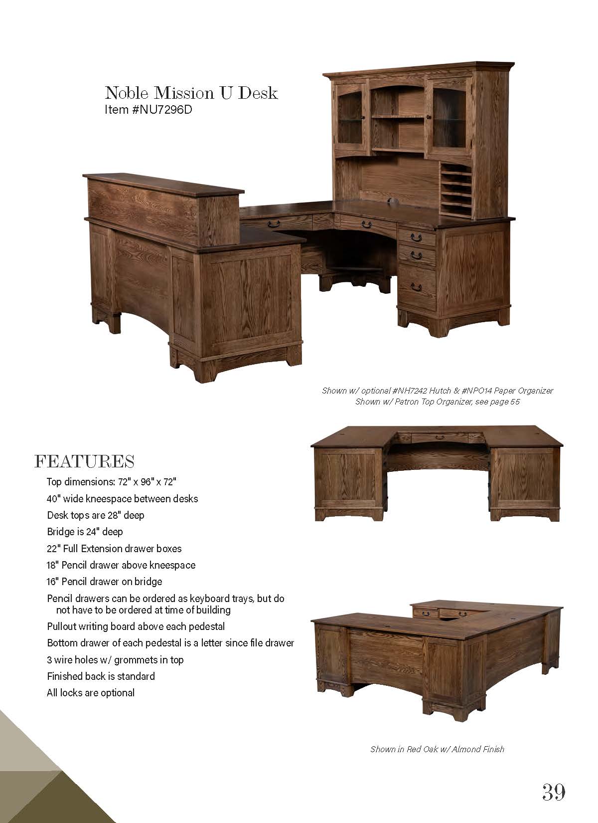 Noble Mission U Desk w/ Hutch, Paper Organizer, and Patron Top Organizer