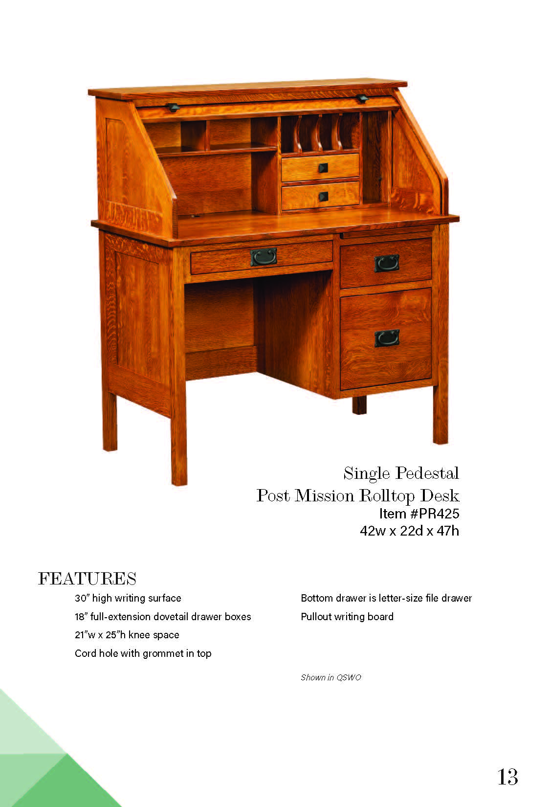 Single Pedestal Post Mission Rolltop Desk – 42W”