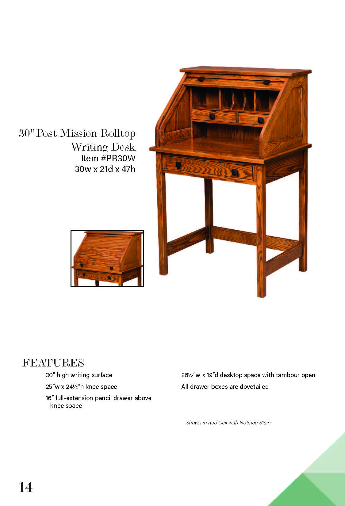 30" Post Mission Rolltop Writing Desk