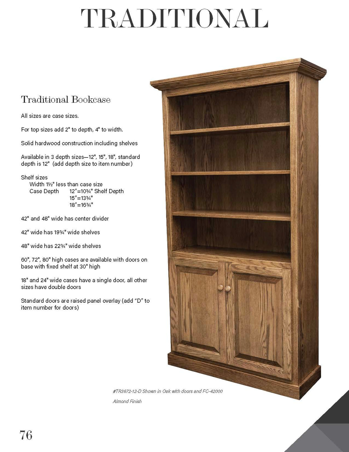 30"–36"W Traditional Bookcase – 15"D