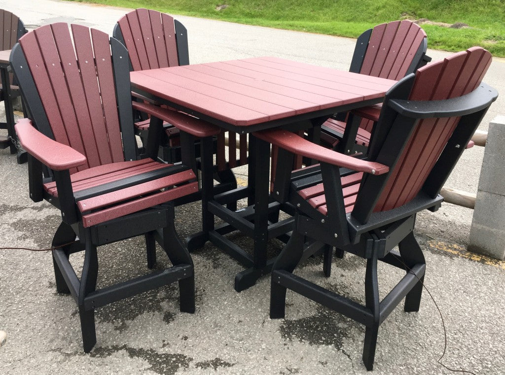 Poly 44″ Square Bar Height Table and Adirondack Swivel Bar Stool Set in Cherry on Black