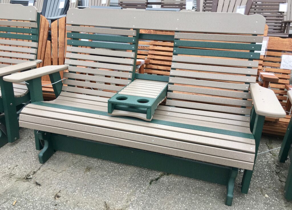 Poly Deluxe 5′ High Back Glider with Fold Down in Weathered Wood on Green