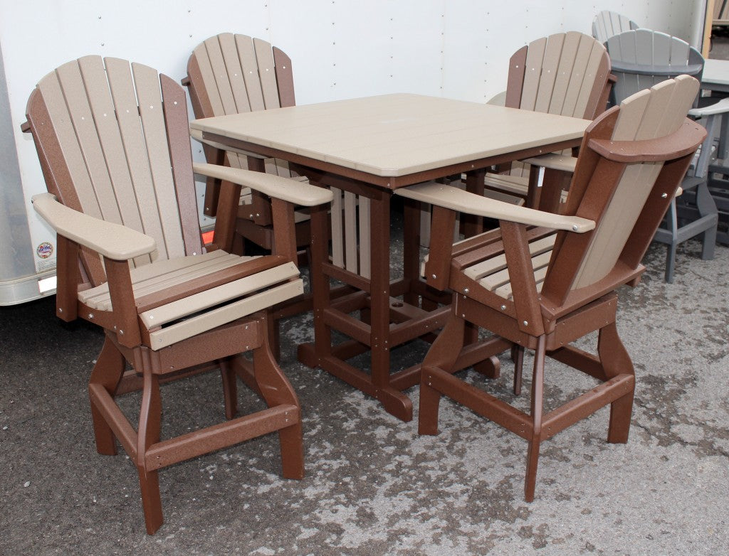 Poly 44″ Square Bar Height Table and Adirondack Swivel Bar Stool Set in Weathered Wood on Tudor Brown