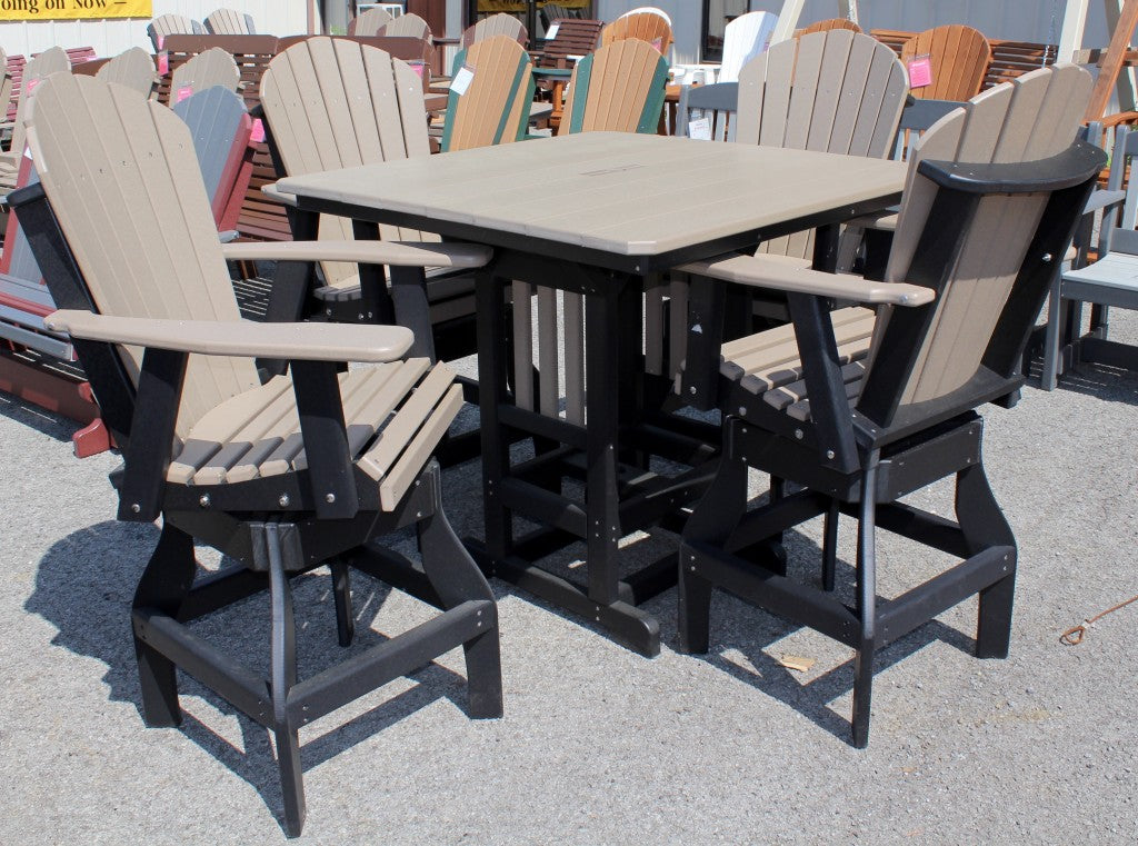 Poly 44″ Square Bar Height Table and Adirondack Swivel Bar Stool Set in Weathered Wood on Black