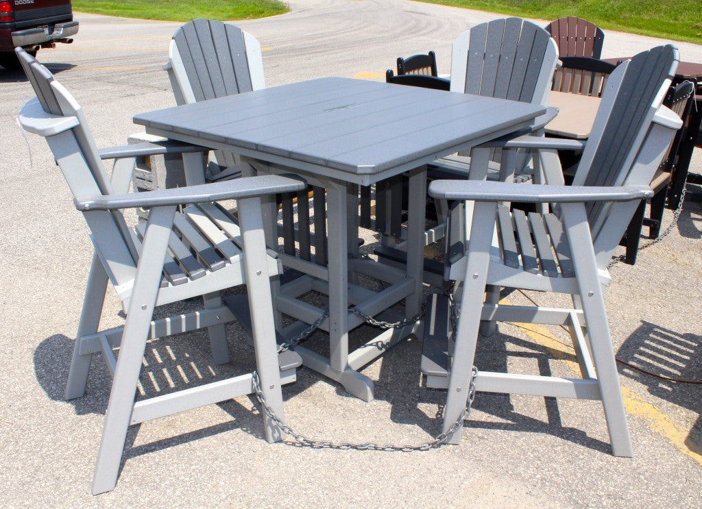 Poly 44″ Square Bar Height Table and Adirondack Chair Set in Dark Gray on Light Gray