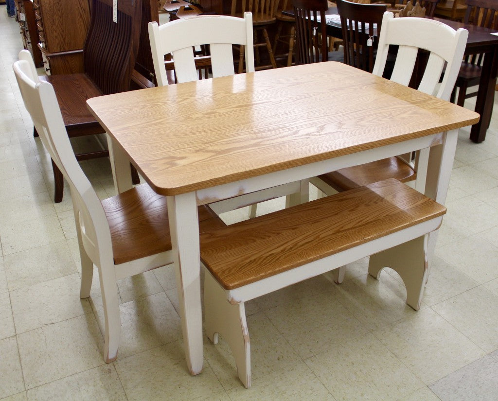 Two Tone Dinette Set, 36" x 42" Table, 3 Austin Side Chairs, Farm Bench