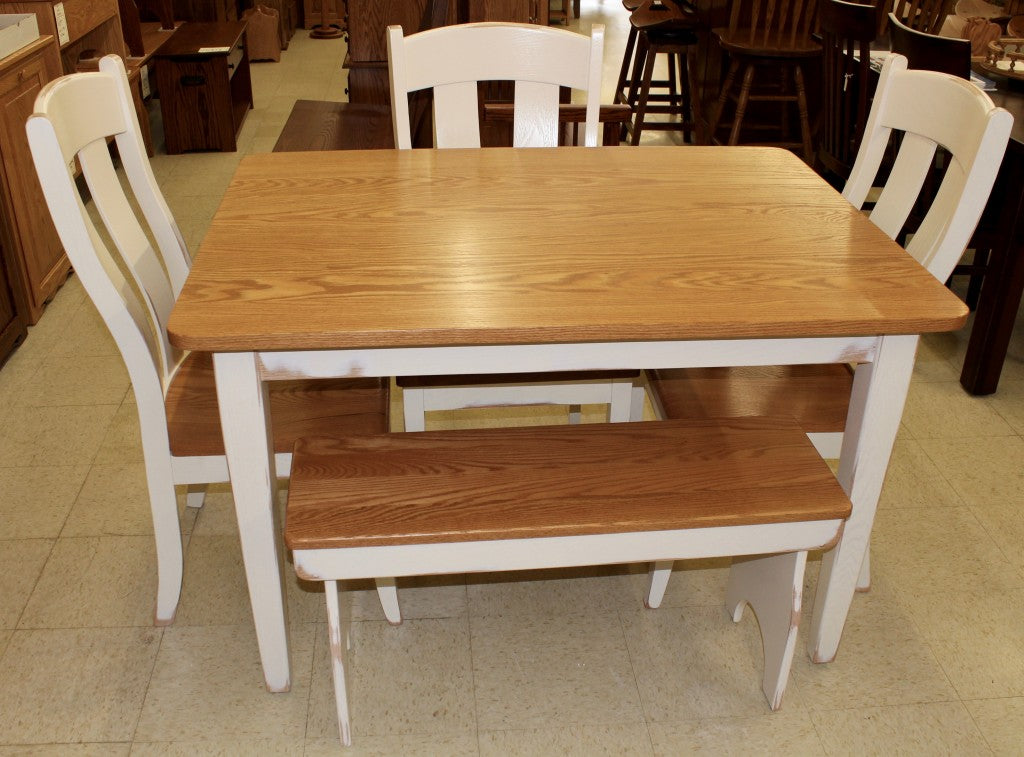 Two Tone Dinette Set, 36" x 42" Table, 3 Austin Side Chairs, Farm Bench