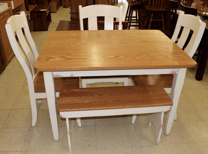 Two Tone Dinette Set, 36" x 42" Table, 3 Austin Side Chairs, Farm Bench