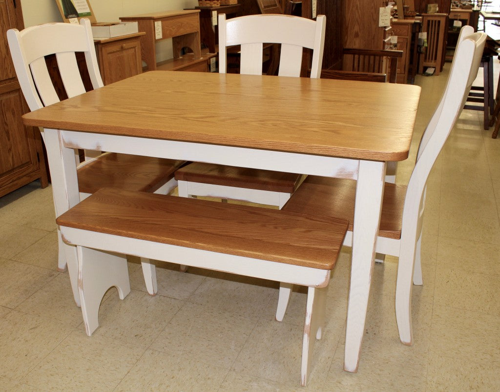 Two Tone Dinette Set, 36" x 42" Table, 3 Austin Side Chairs, Farm Bench