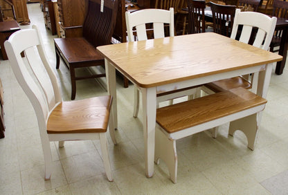 Two Tone Dinette Set, 36" x 42" Table, 3 Austin Side Chairs, Farm Bench