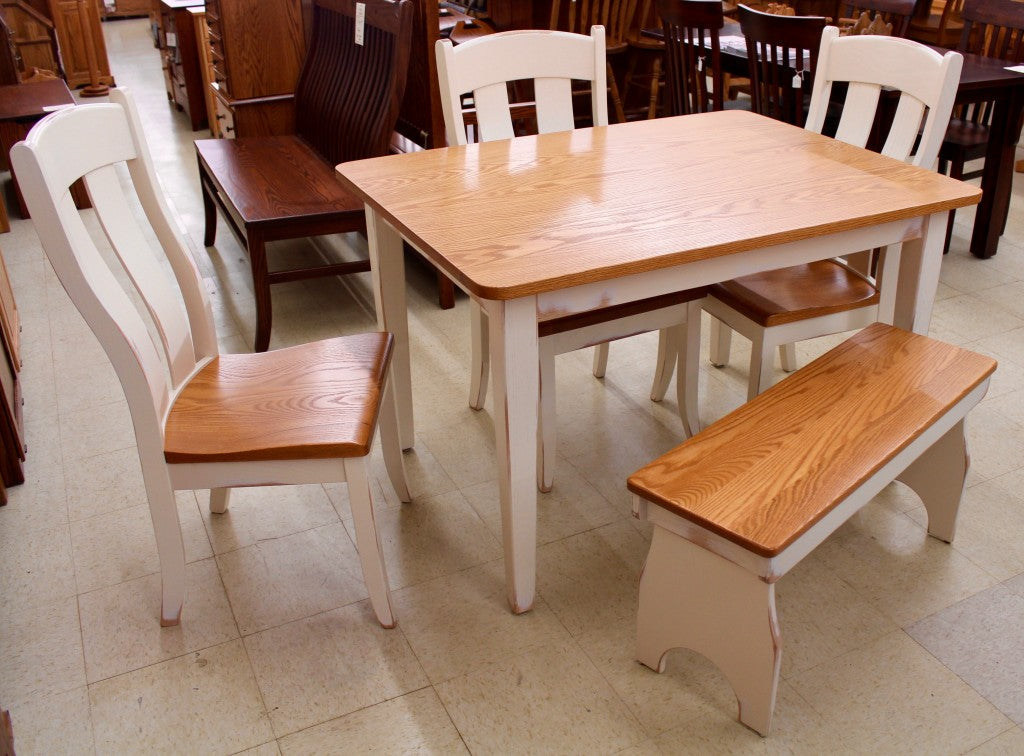 Two Tone Dinette Set, 36" x 42" Table, 3 Austin Side Chairs, Farm Bench