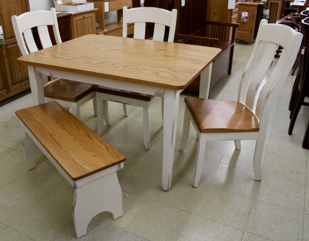 Two Tone Dinette Set, 36" x 42" Table, 3 Austin Side Chairs, Farm Bench