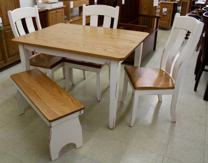 Two Tone Dinette Set, 36" x 42" Table, 3 Austin Side Chairs, Farm Bench