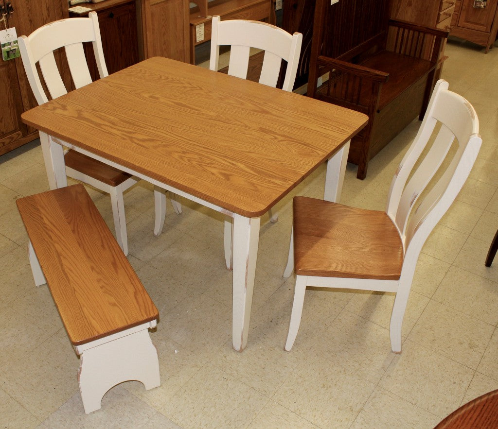 Two Tone Dinette Set, 36" x 42" Table, 3 Austin Side Chairs, Farm Bench
