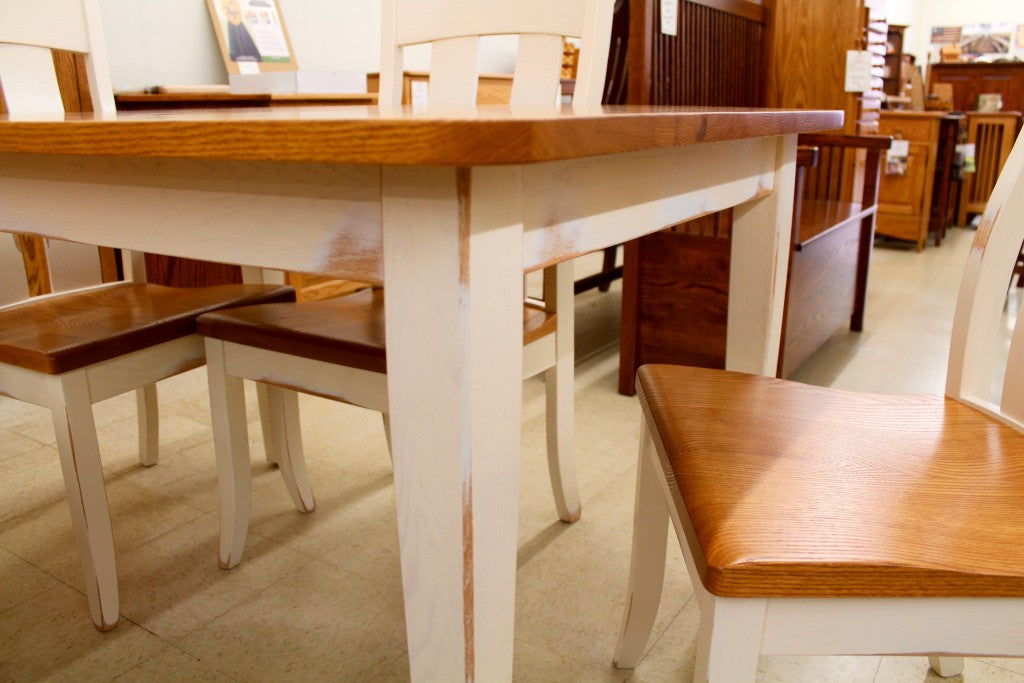 Two Tone Dinette Set, 36" x 42" Table, 3 Austin Side Chairs, Farm Bench