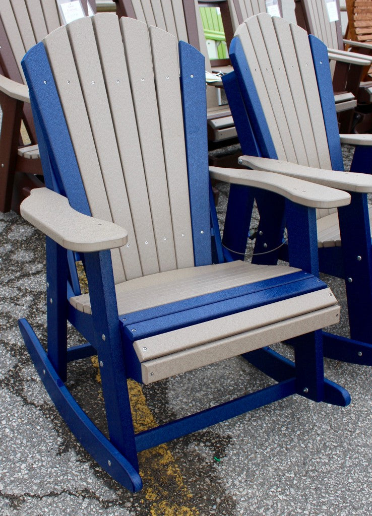 Poly Adirondack Rocking Chair in Weathered Wood on Patriot Blue