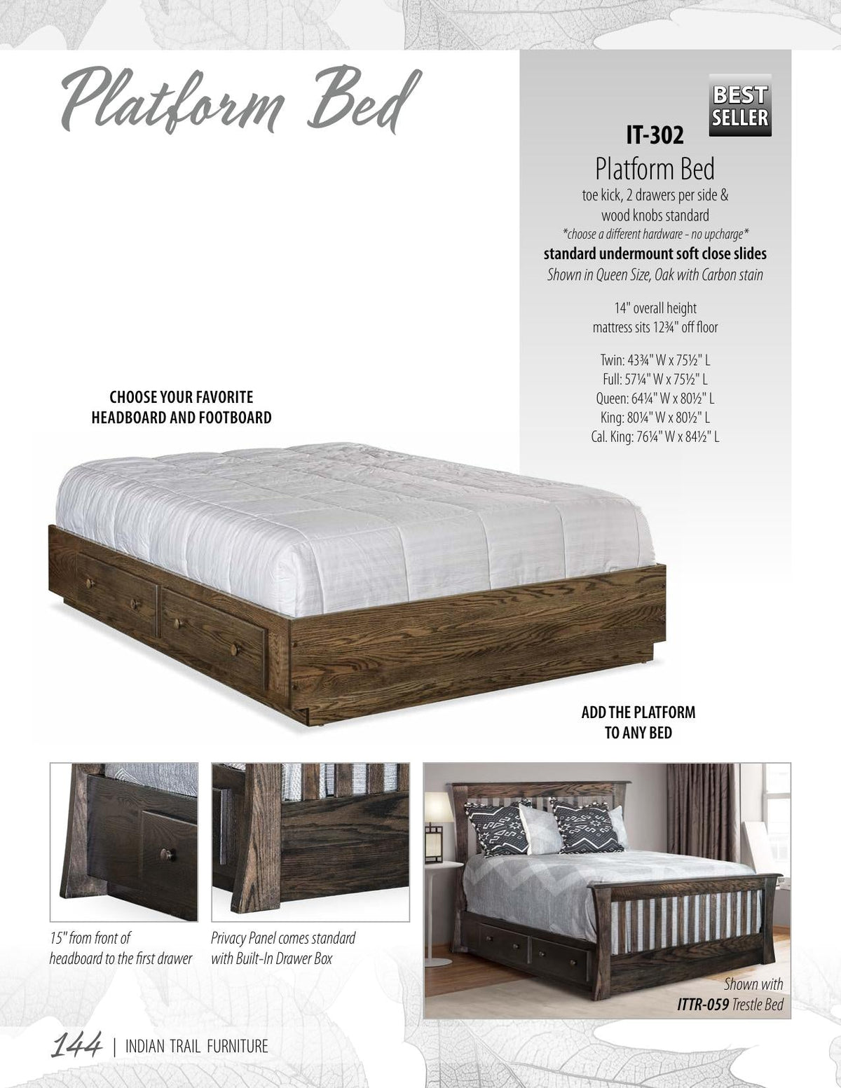 Platform Bed - 14" High, 2 Overlay Drawers per Side