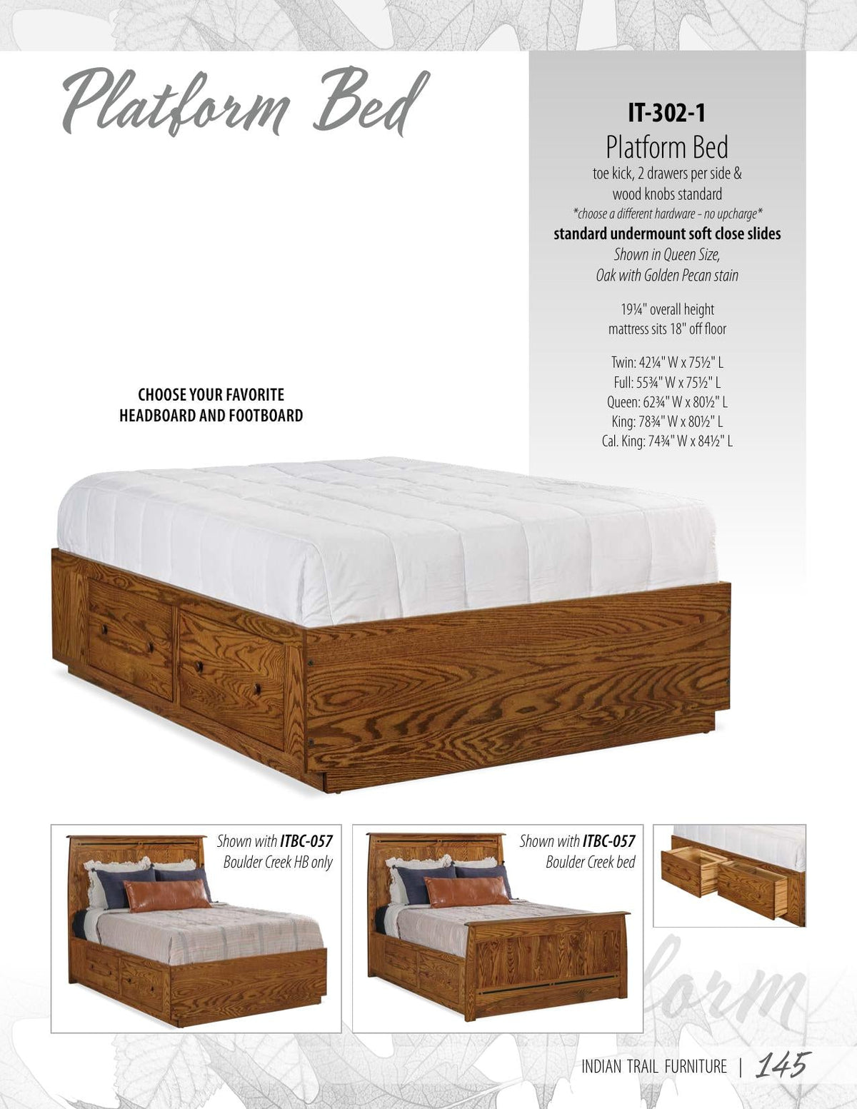 Platform Bed - 19-1/4" High, 2 Flush Drawers per Side