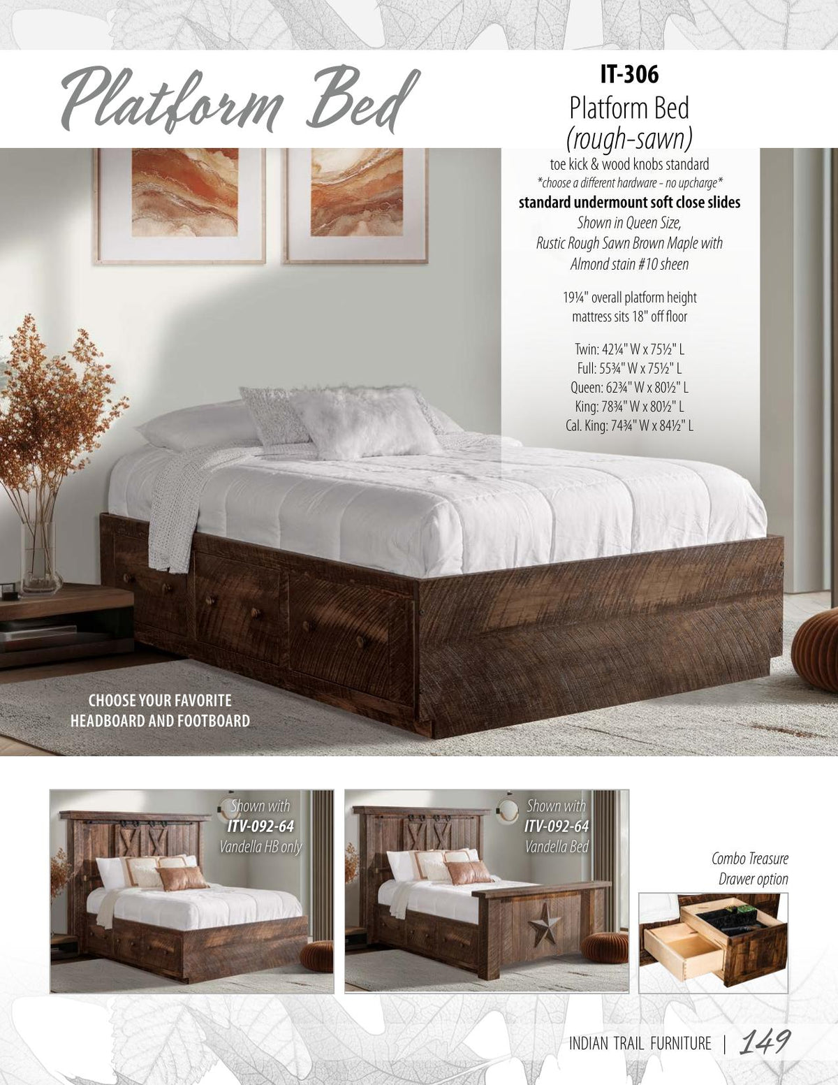 Platform Bed - 19-1/4" High, 3 Flush Drawers per Side