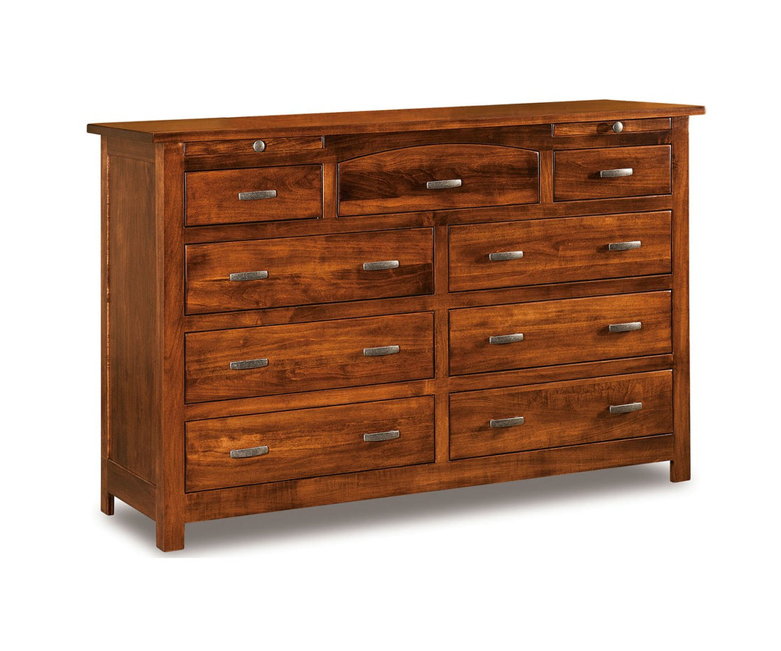 Flush Mission 9 Drawer Dresser w/arch drawer, 2 jewelry dw – 66"W