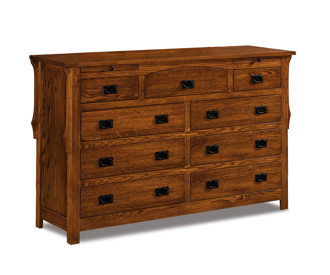 Stick Mission 7 Drawer Dresser w/arch drawer, 2 jewelry dw with Beveled Mirror – 67"W