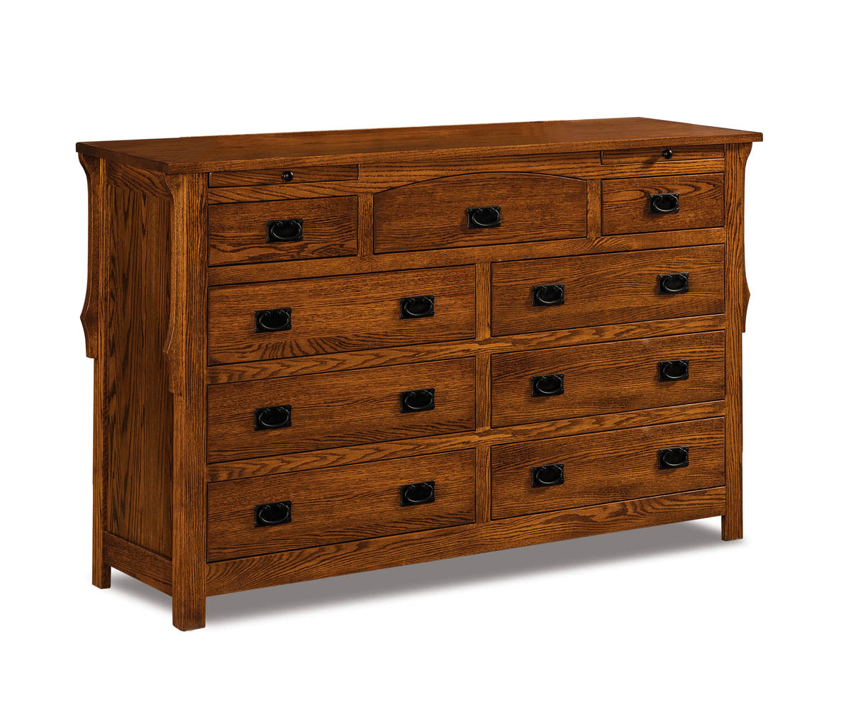 Stick Mission 7 Drawer Dresser w/arch drawer, 2 jewelry dw with Beveled Mirror – 67"W