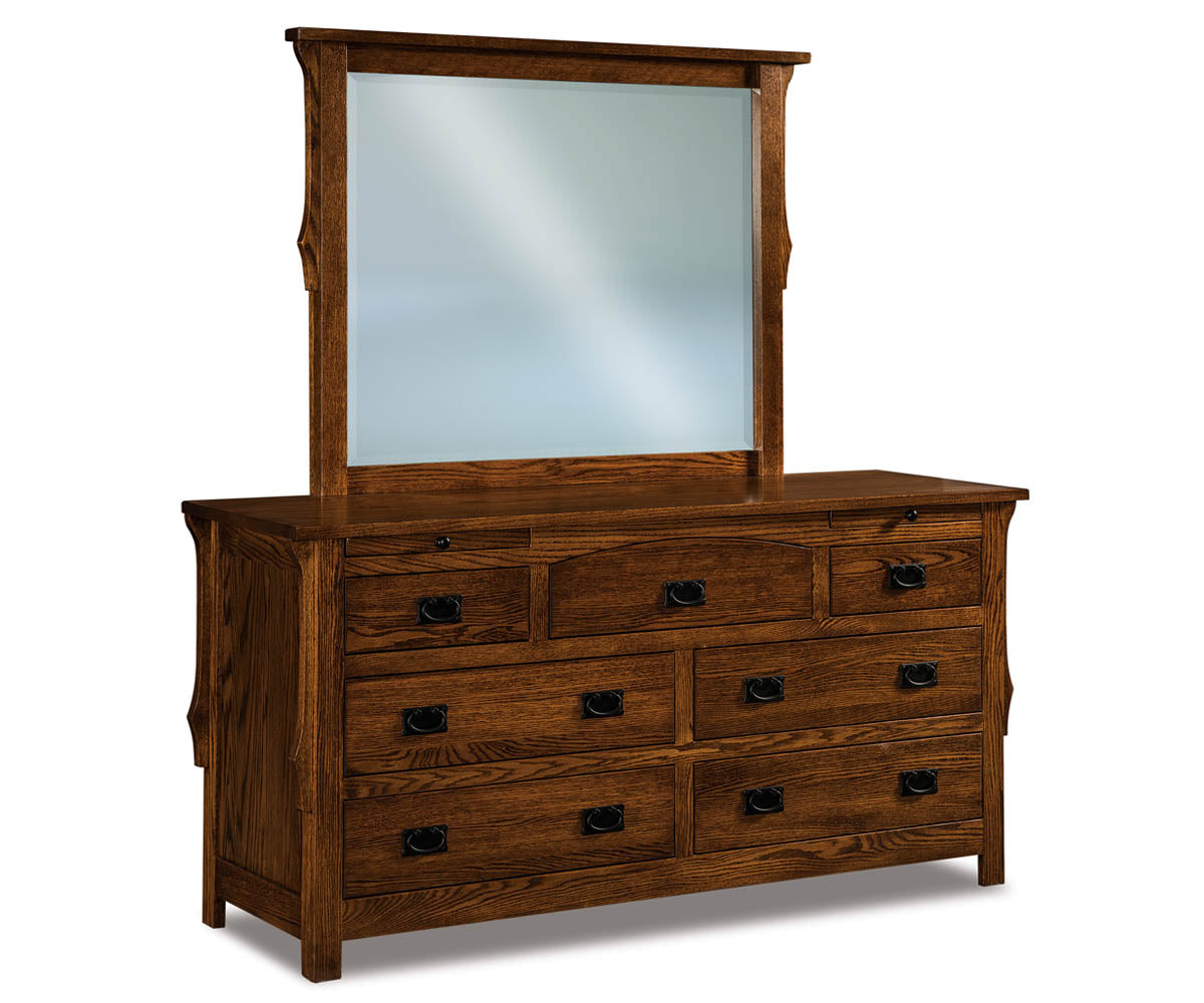 Stick Mission 7 Drawer Dresser w/arch drawer, 2 jewelry dw with Beveled Mirror – 67"W