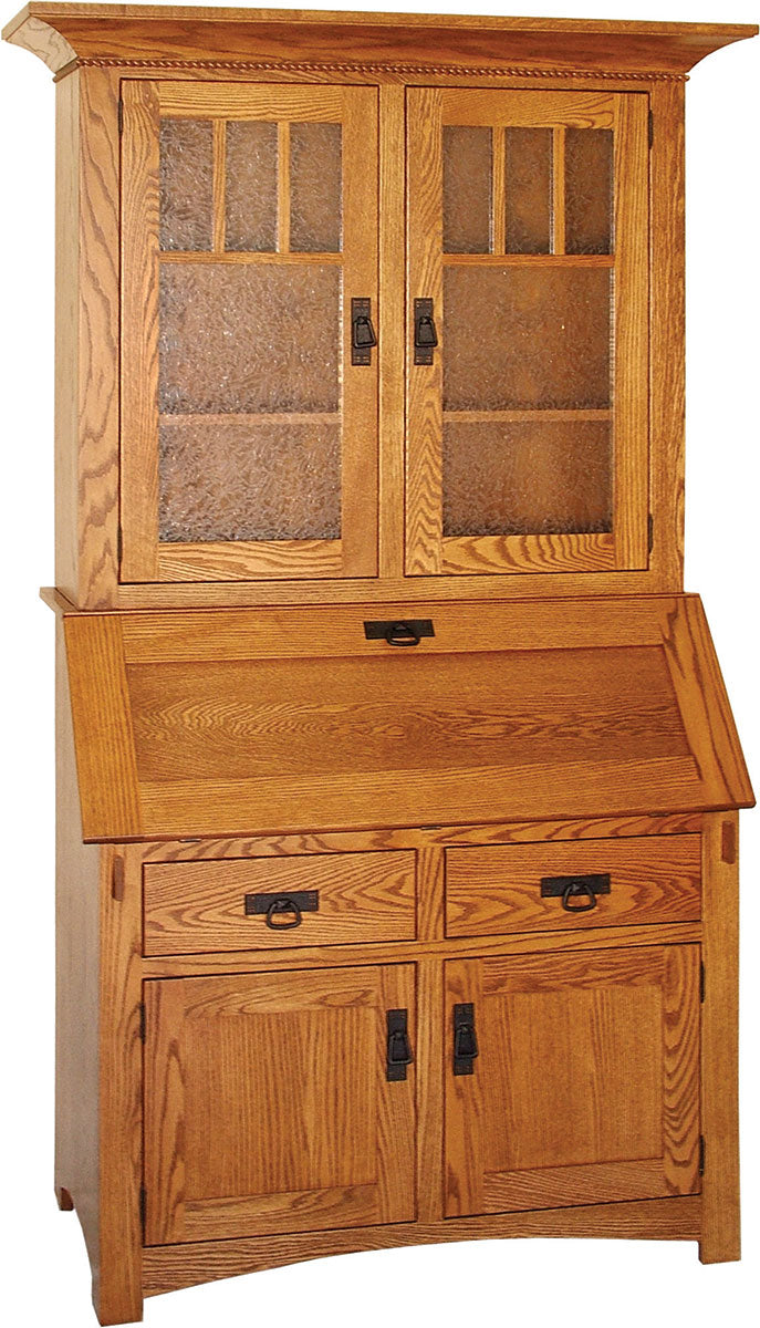 Deluxe Mission Secretary Desk with Hutch Top and Glass Doors