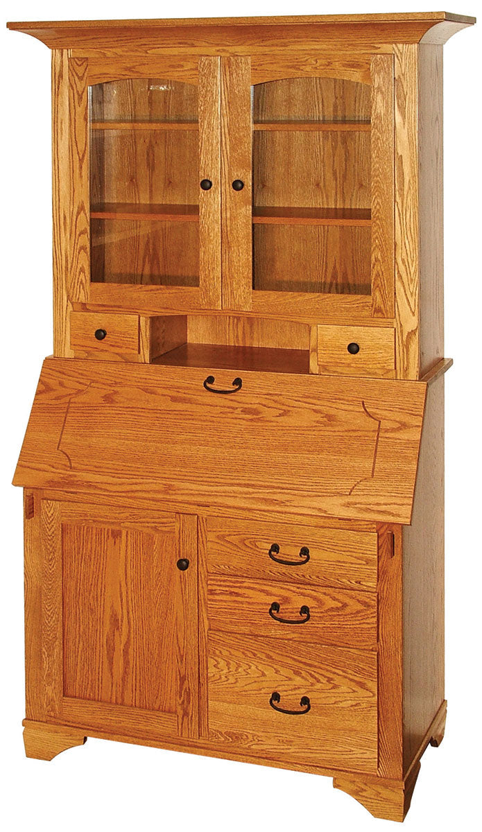Deluxe Mission Secretary Desk with Hutch Top and Clear Glass Doors