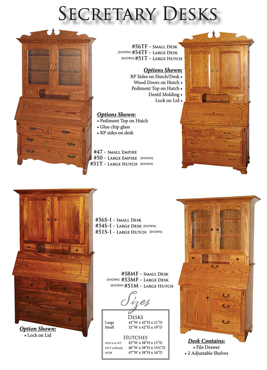 Empire Deluxe Raised Panel Secretary Desk with Hutch Top and Wood Doors