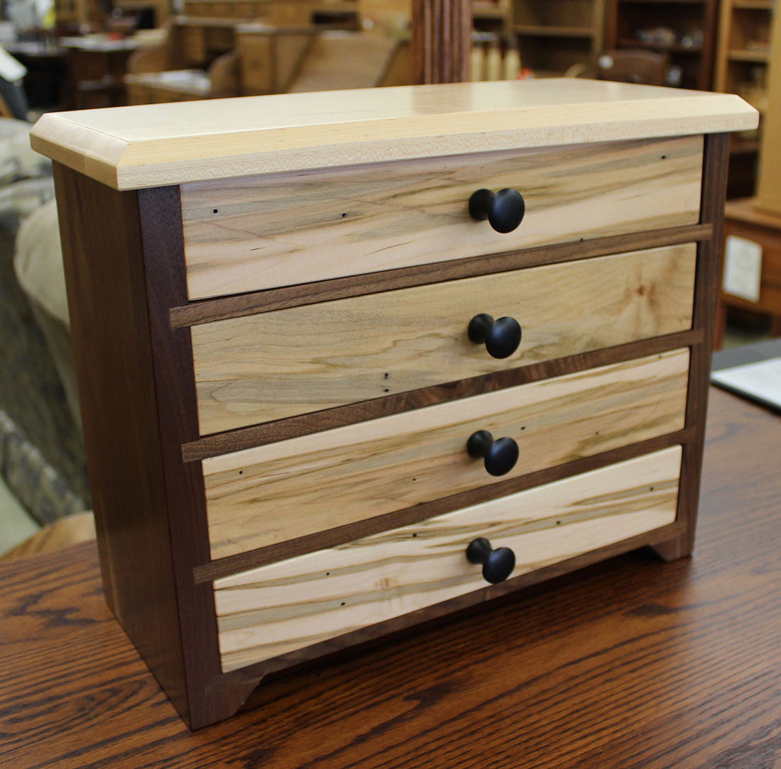 4 Drawer Shaker Jewelry Chest in Wormy Maple / Walnut