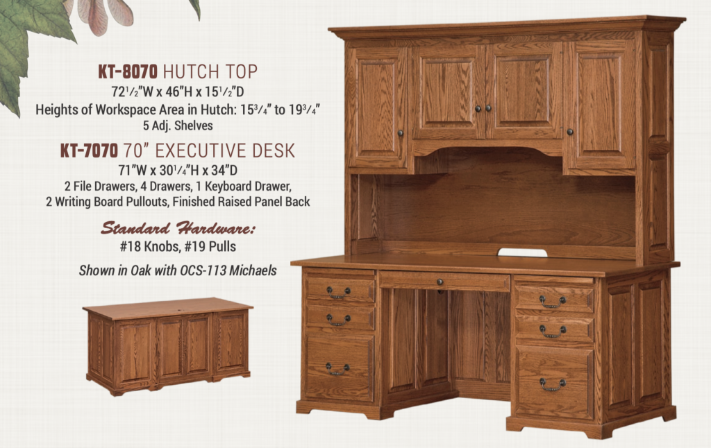 Raised Panel 70″ Executive Desk with Hutch Top (34″ Deep)