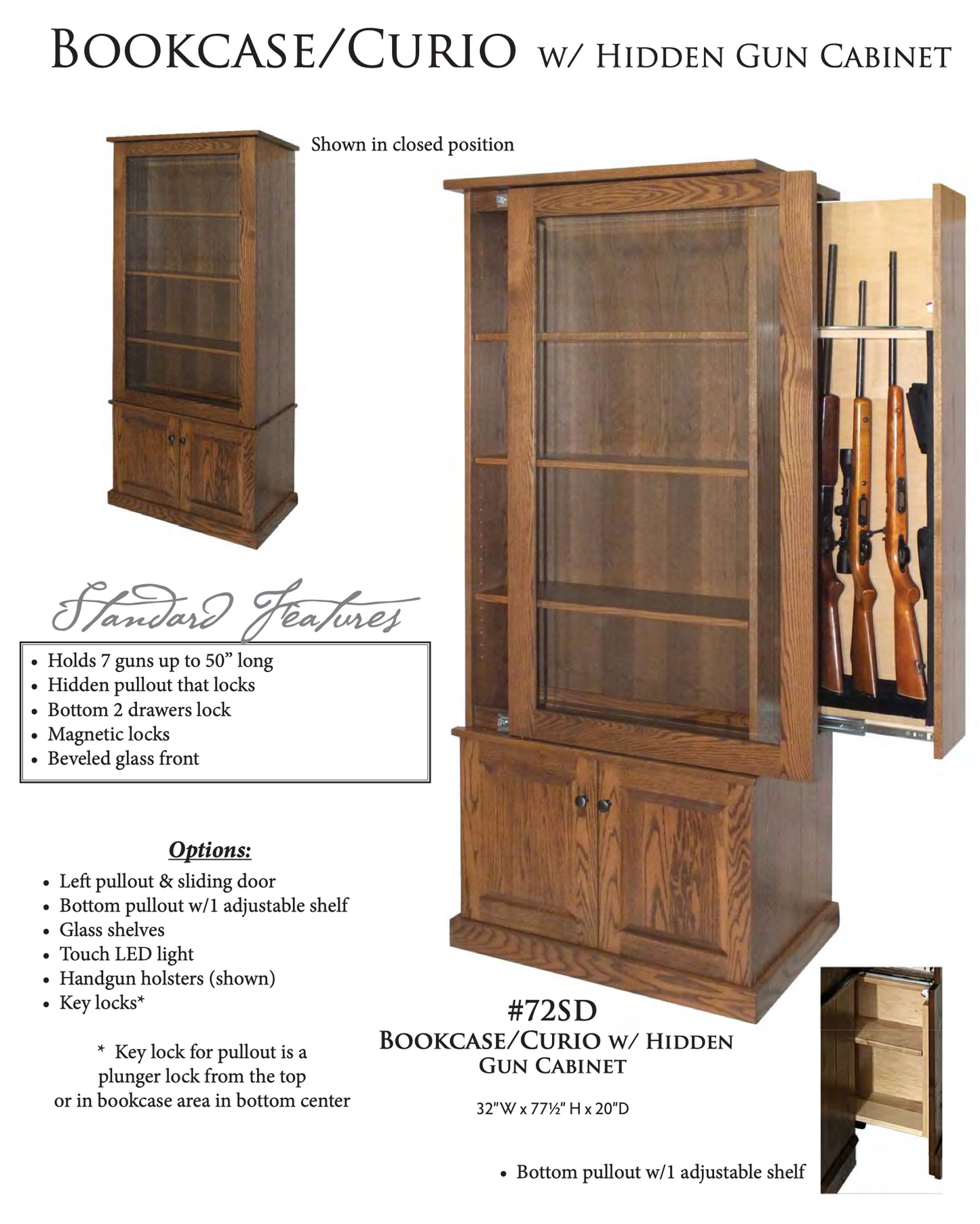 10 Gun Wormy Maple and Walnut Cabinet with Pistol Display