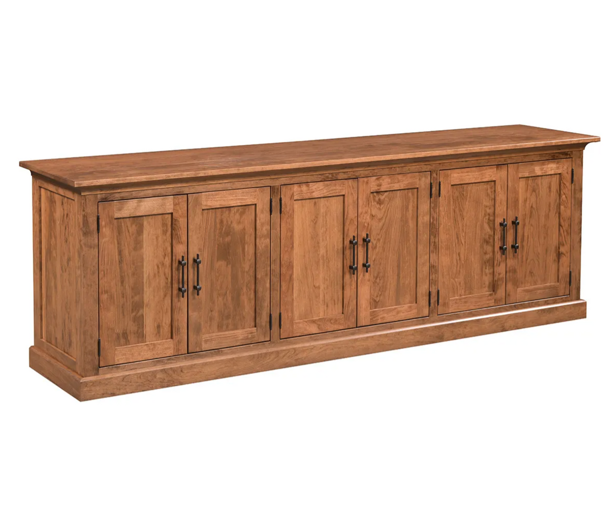 Amish Crafted Franklin TV Stand | CUSTOM SIZE | 102” W x24” H | Flat Panel Wood Doors | Oak Wood with Stain TBD | Black Knobs for Hardware