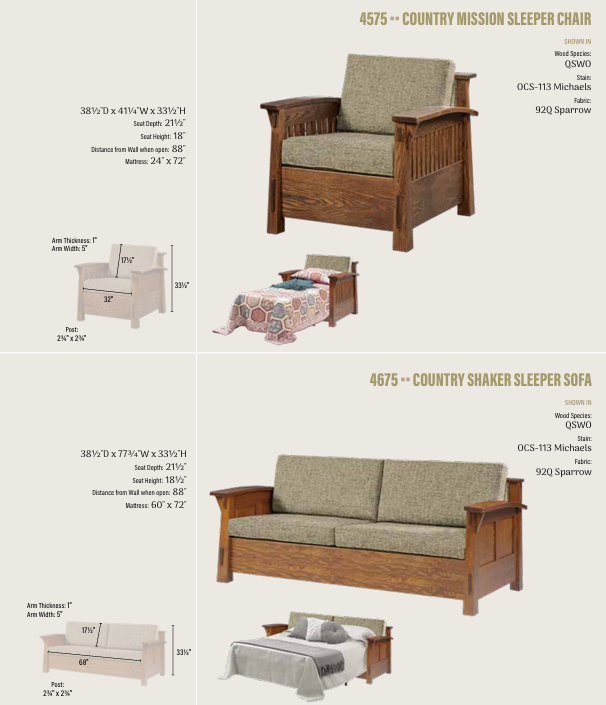 Country Shaker  Sleeper Sofa - 60" Mattress