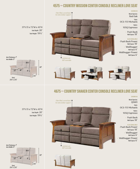 Country Shaker  Center Console Recliner Love Seat