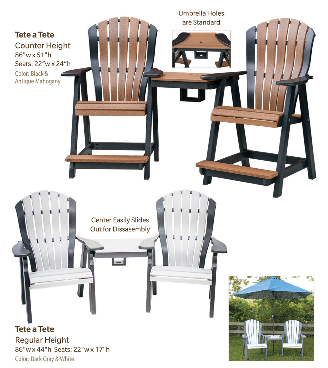 Poly Adirondack Bentback Tete A Tete Counter Height w/ umbrella hole