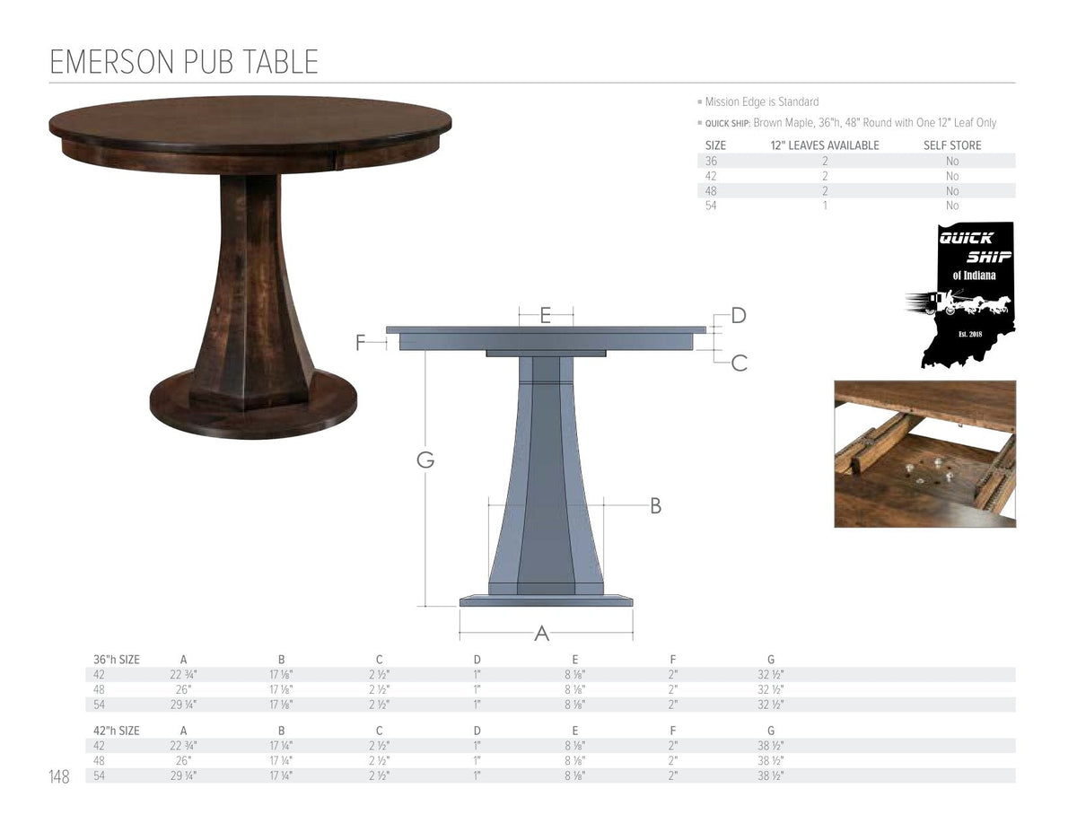 Emerson Pub Table catalog page