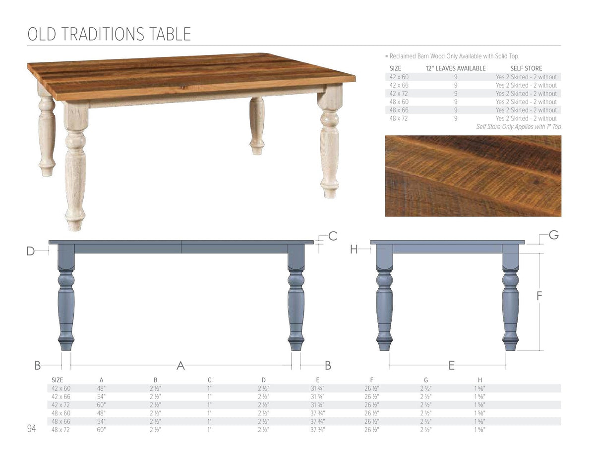 Old Traditions Table catalog page