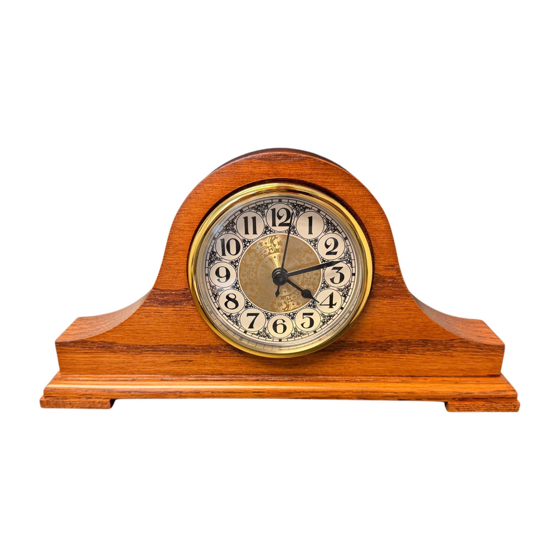 Amish-made tambour desk clock in oak with Michael's Cherry stain, front view