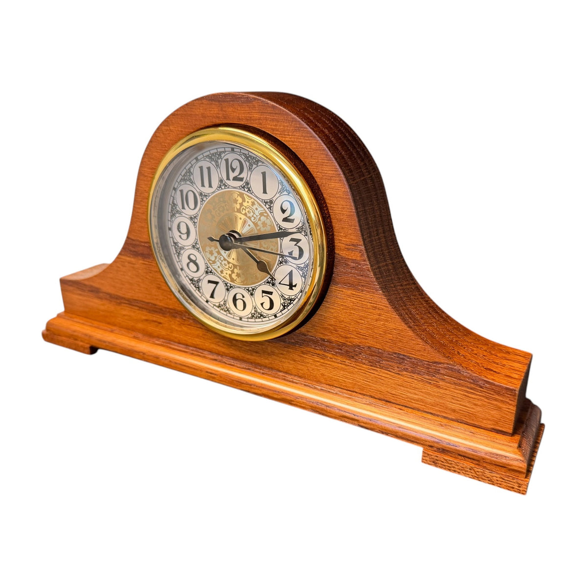Oak tambour desk clock from the side showing the stepped base